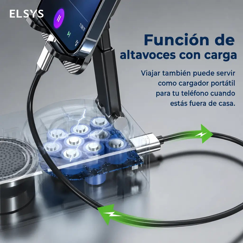 Bocina Bluetooth portátil con base plegable, carga de emergencia y soporte 360° para ver series, escuchar música y hacer videollamadas