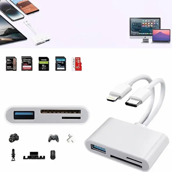 Lector de Tarjetas SD 5 en 1 para Celulares y Tablets – Adaptador Dual USB-C y Lightning, Soporta SD/MicroSD/USB 3.0, Transferencia Rápida, Plug & Play