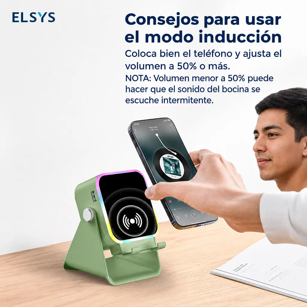 Bocina inalámbrica 5 en 1 con soporte ajustable 360°, luz RGB y power bank de 3500 mAh para celular y tablet en casa