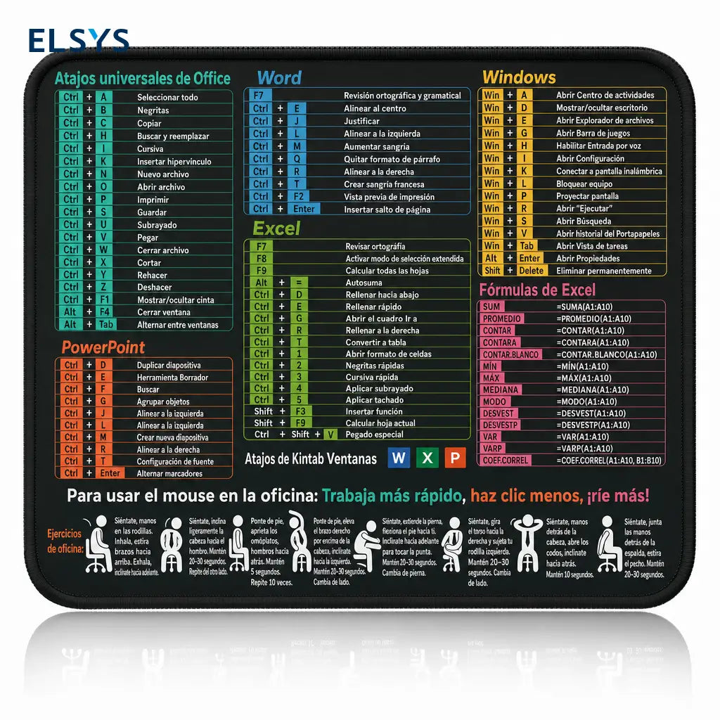 Tapete XXL para escritorio con atajos de Excel, base antideslizante y borde cosido para oficina, gaming y productividad diaria en computadora
