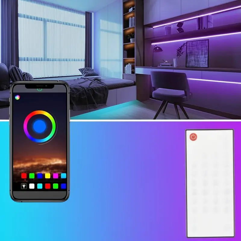 Tiras de Luces LED RGB con Sincronización de Música para Recámara, Luces Bluetooth de hasta 60m con App Inteligente y Control Remoto para Decoración de Interiores y Fiestas