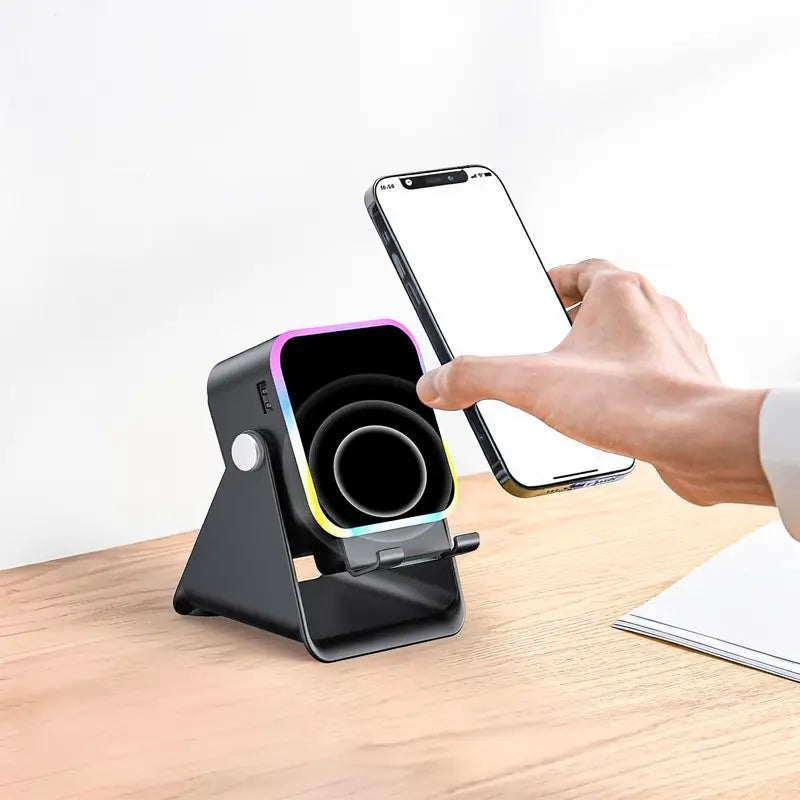 Soporte con Bocina de Inducción Inalámbrica 5 en 1, Base para Celular y Tablet, Power Bank de 3500mAh, Ajuste de 360° con Luz Ambiental LED de Colores