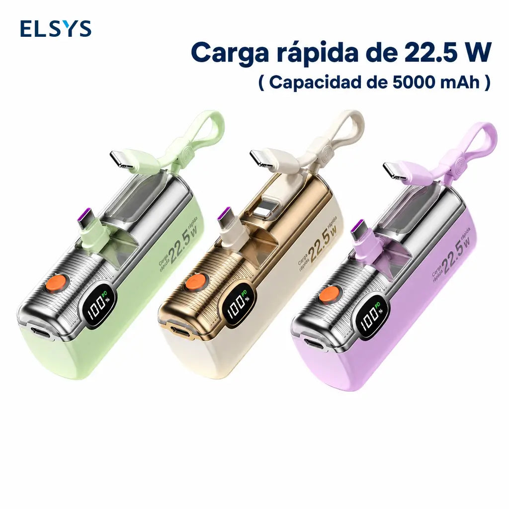 Power bank mini 5000mAh con carga rápida 22.5W, cable integrado y display digital para celular, viajes y emergencias sin cargar peso extra