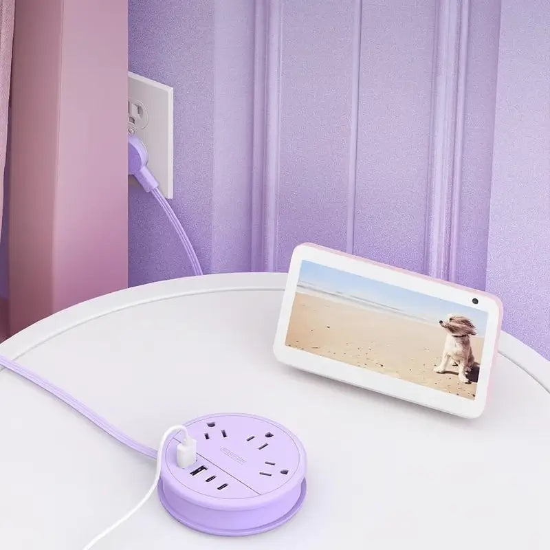Multicontacto de Viaje Redondo con 3 Salidas de CA y 4 Puertos USB (2 USB-C) – Cable de Extensión Enrollable de 1.2 m, Apto para Cruceros, Esencial para Hotel, Dormitorio y Oficina