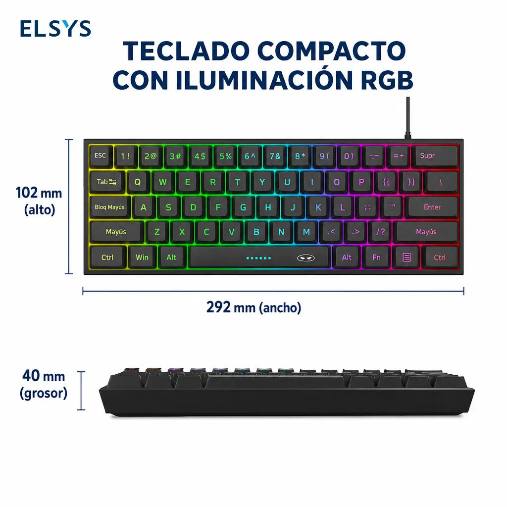 Teclado gamer 60% compacto TS91 con iluminación RGB y 61 teclas de membrana para jugar o trabajar en PC, Mac, PS4 y Xbox One