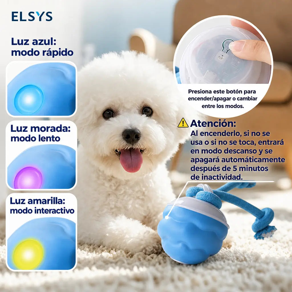 Pelota interactiva recargable para mascotas con movimiento automático y sonido, ideal para juego diario de perros pequeños y gatos en casa