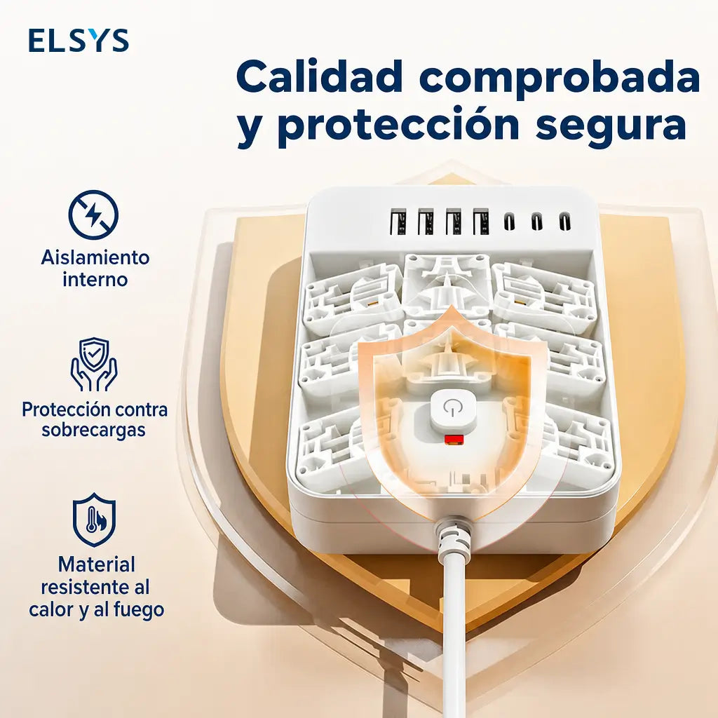 Multicontacto 15 en 1 con 8 tomas, USB-C y protección contra sobretensión para cargar varios equipos en oficina, casa y viajes