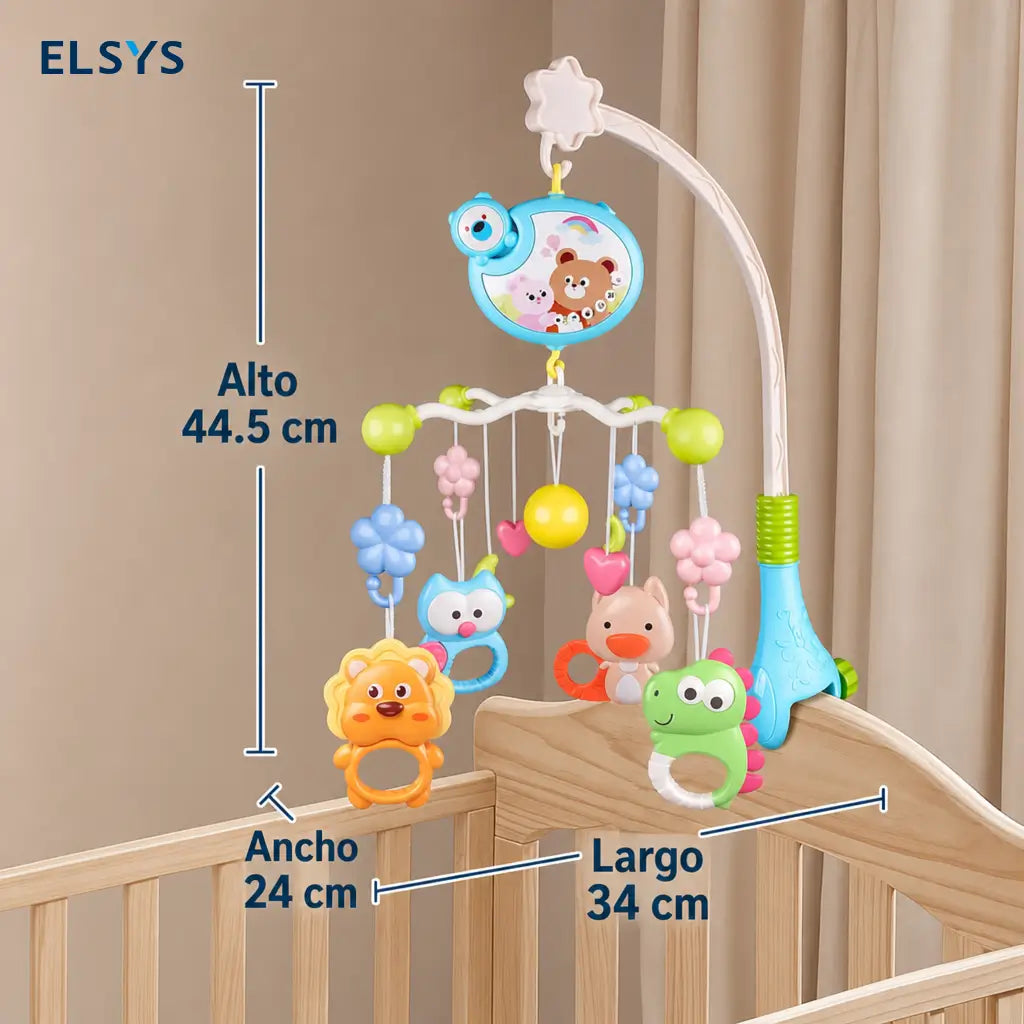 Carrusel musical para cuna y moisés con luces, proyección, temporizador, mordederas removibles y control remoto para bebés pequeños