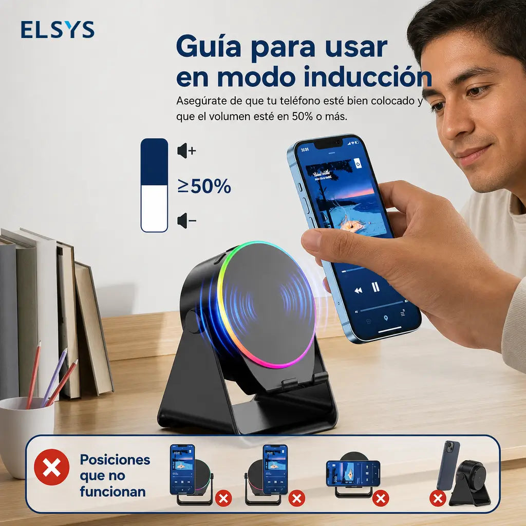 Bocina Bluetooth 5.3 con soporte para celular, giro 360°, luz RGB y audio por inducción para casa, oficina, viajes y tablet