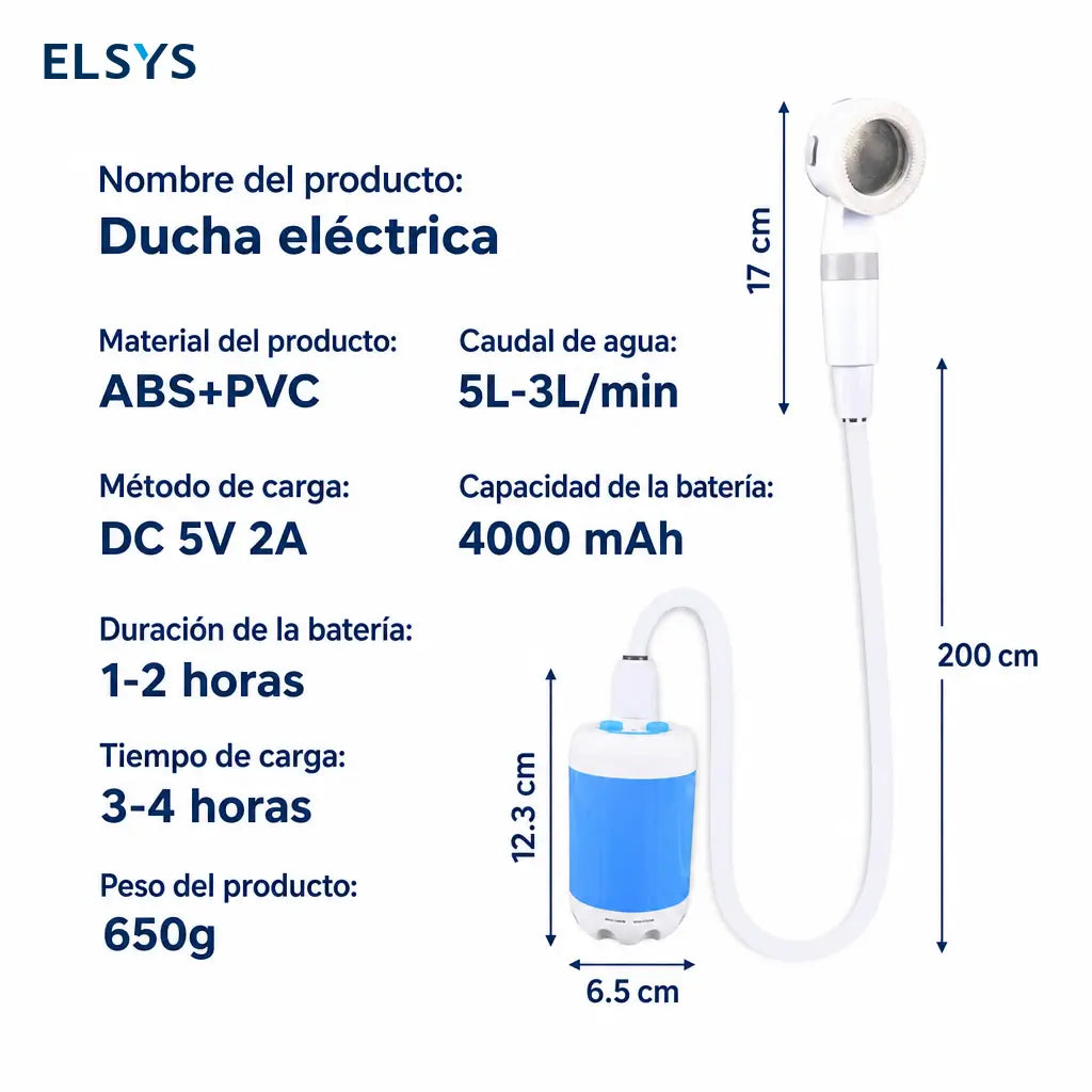 Ducha eléctrica recargable con bomba sumergible y bolsa de transporte para camping, senderismo, lavado de coche y limpieza de mascotas