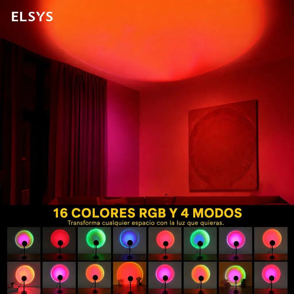 Lámpara proyectora de atardecer RGB con 16 colores, control remoto y ángulo 180° para ambiente en recámara, gaming y fotos
