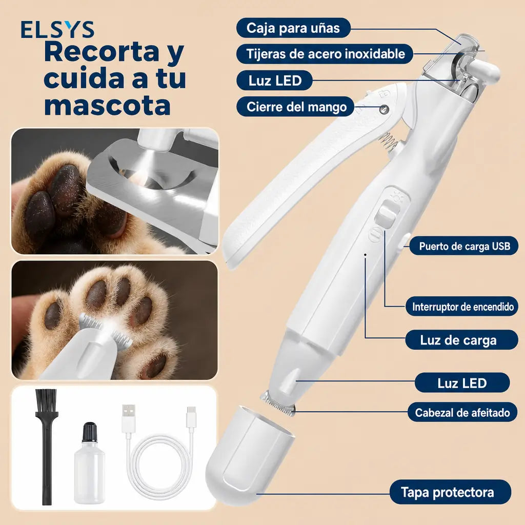 Cortador de uñas y recortadora de pelo para mascotas con luz LED, recolector integrado y carga USB-C para perros y gatos