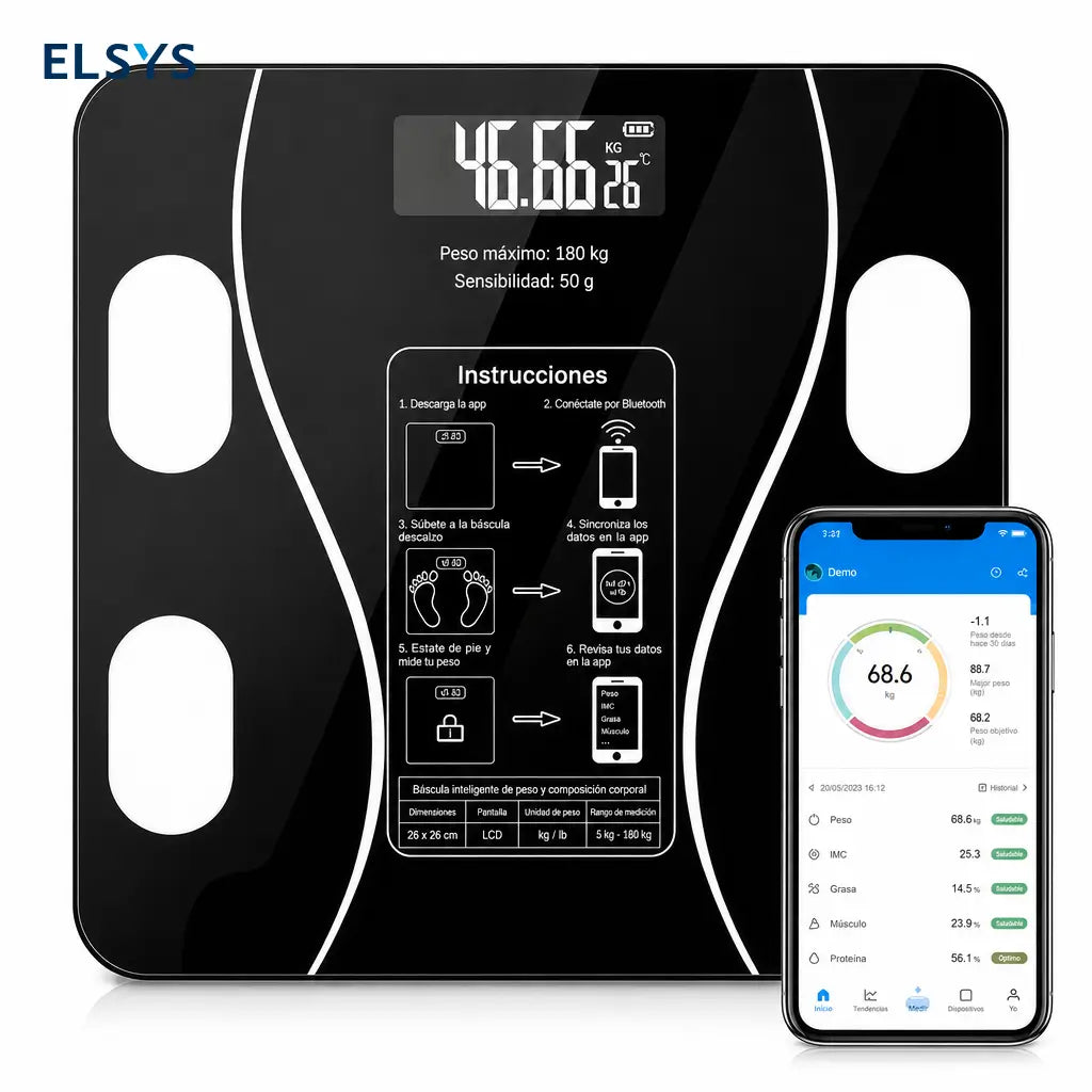 Báscula digital Bluetooth para baño con medición de peso, grasa corporal e IMC, ideal para seguimiento diario personal fácil