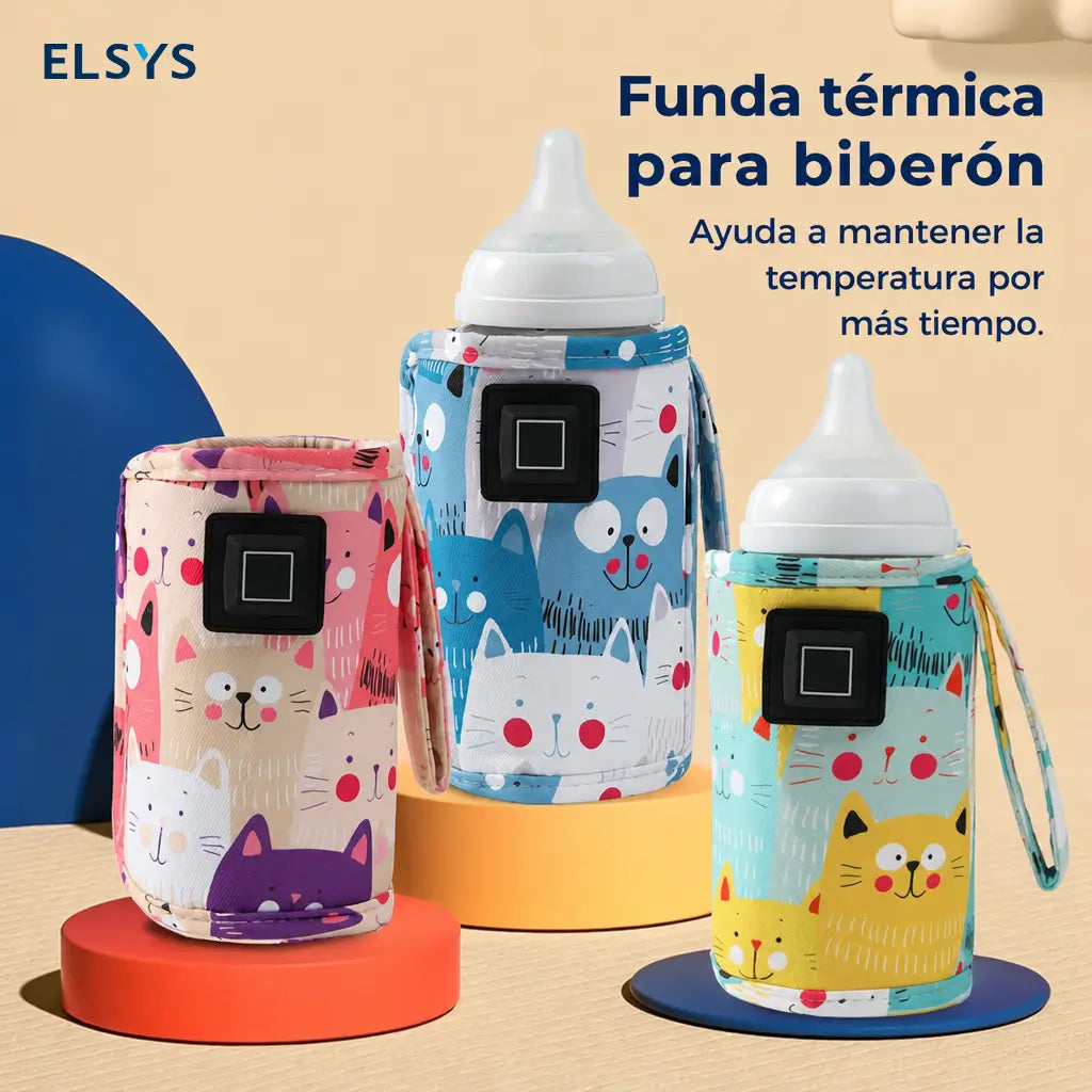 Calentador portátil USB para biberón con 3 temperaturas y funda térmica con gatitos para casa, viajes y salidas con bebé diarias