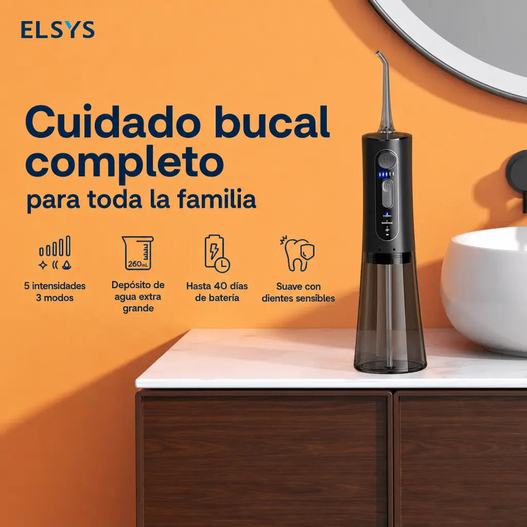 Irrigador dental recargable IPX7 con puntas 360°, batería de 40 días y depósito amplio para higiene oral completa diaria en casa y viaje