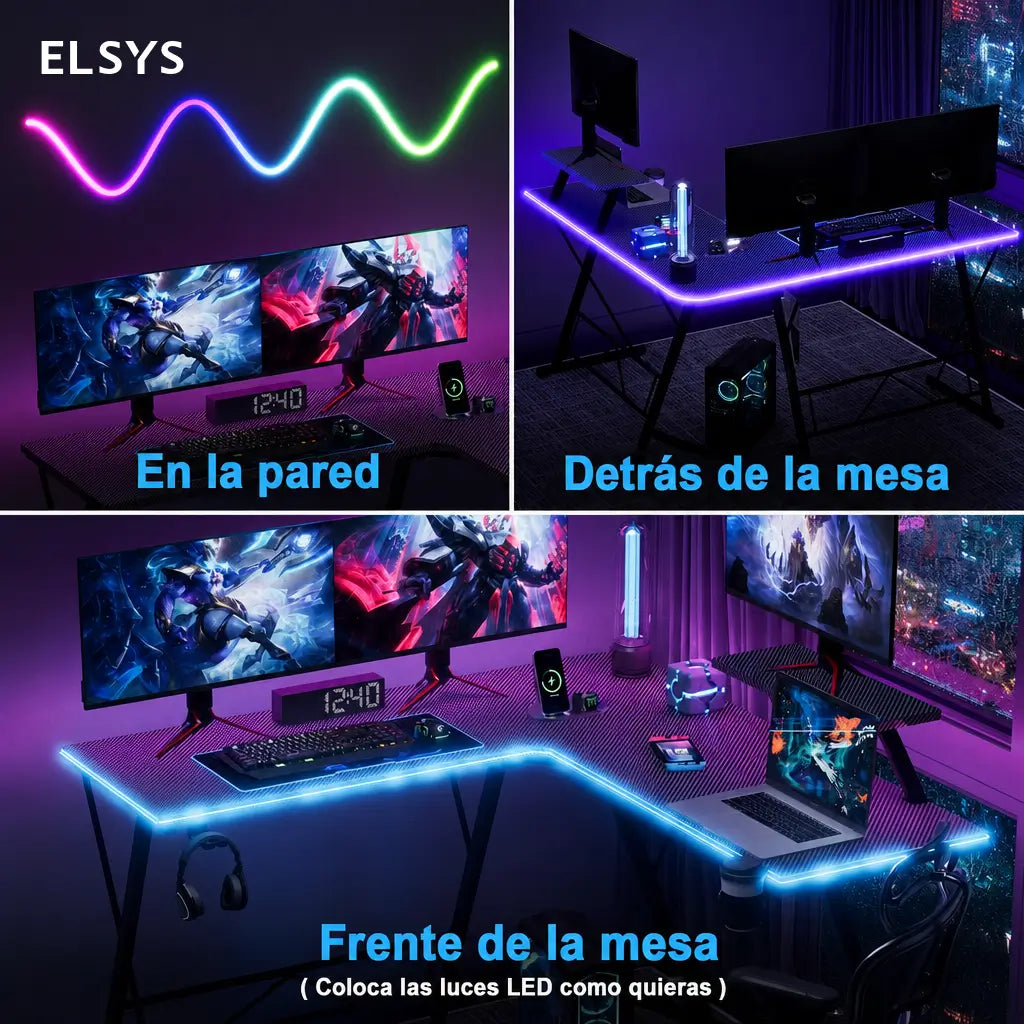 Escritorio gamer en L de 129 cm con soporte para monitor y luces RGB para home office y setup de juego negro estable