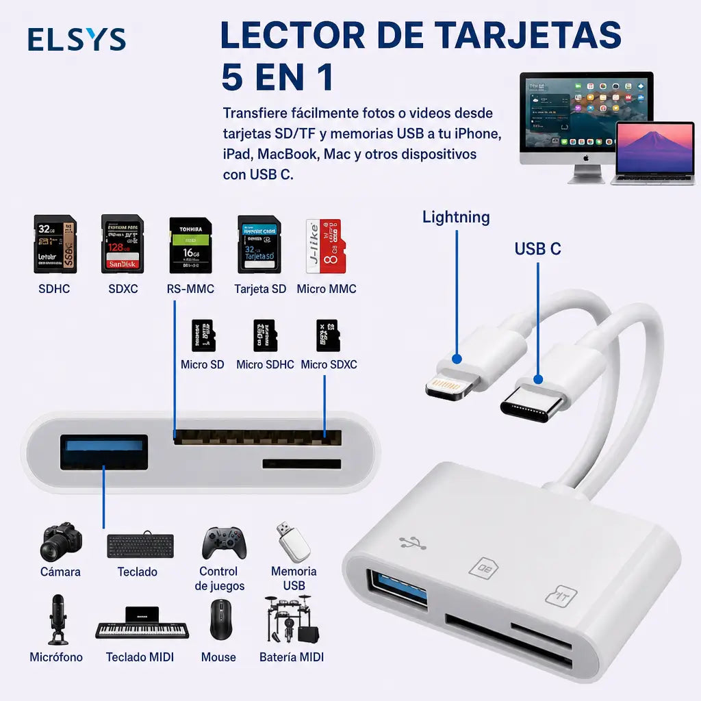 Lector de tarjetas SD 5 en 1 USB-C y Lightning con USB 3.0 para transferir fotos en iPhone, iPad y Android sin app
