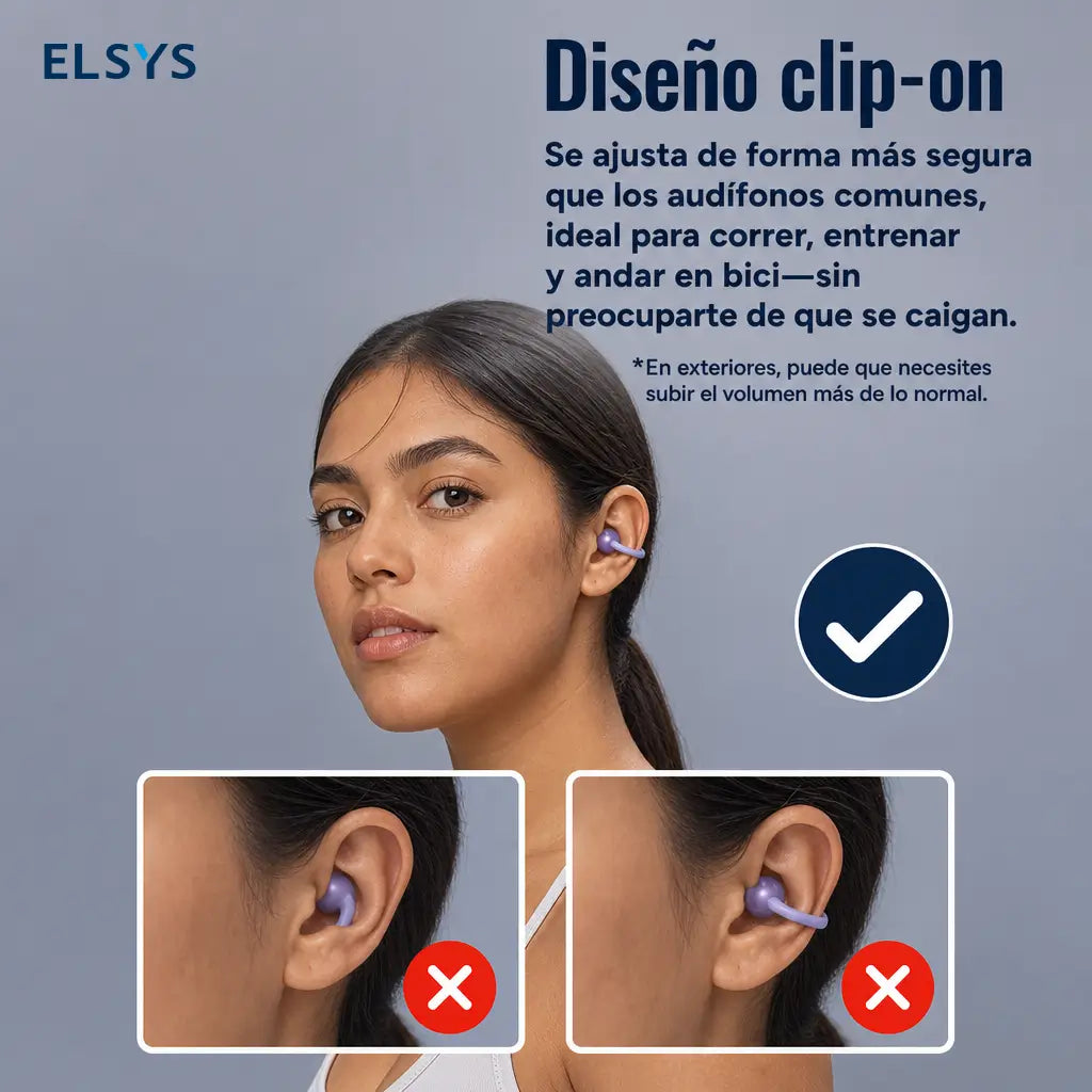 Audífonos inalámbricos de clip Bluetooth 6.0 con ajuste seguro, sonido panorámico y resistencia IPX5 para deporte y llamadas en celular