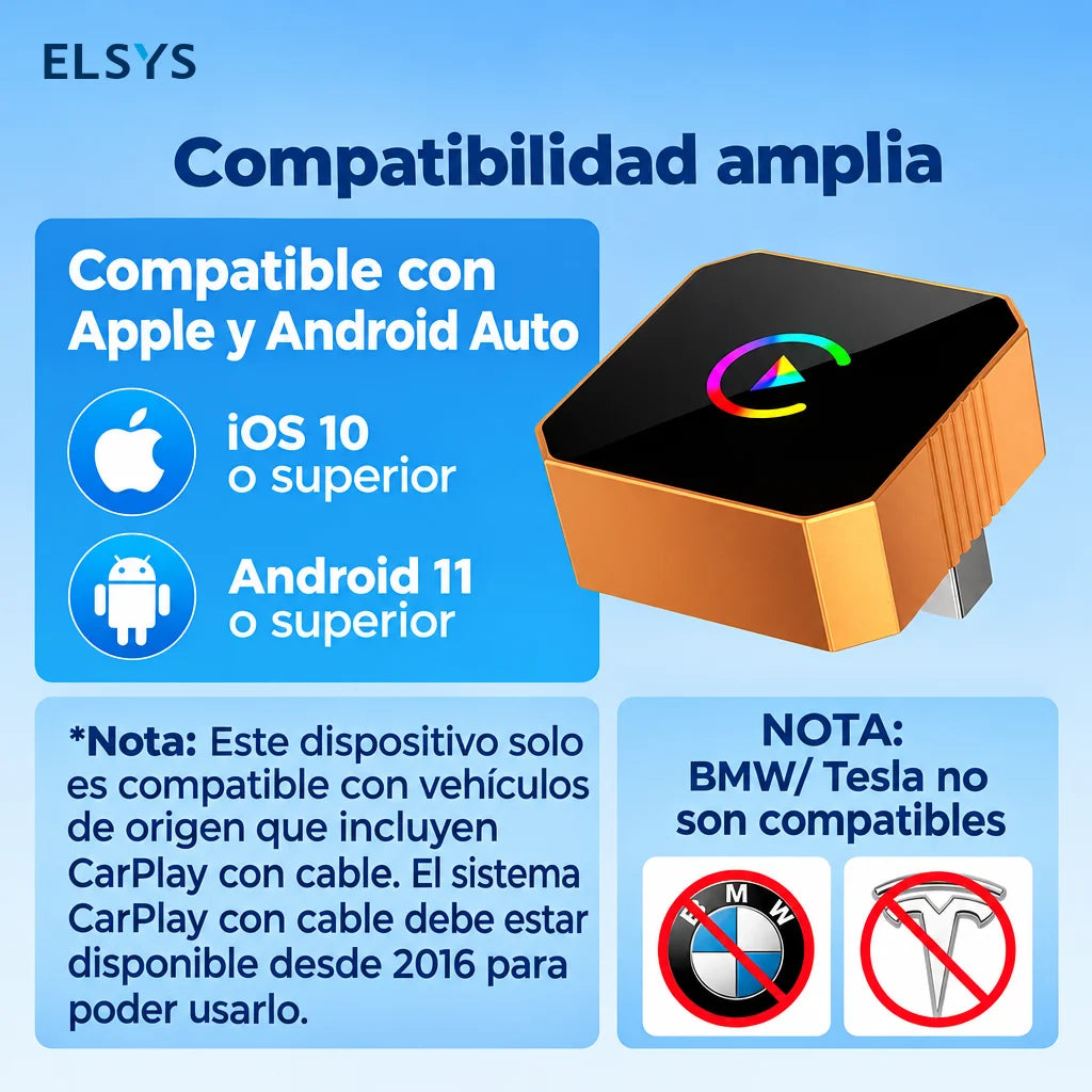 Adaptador inalámbrico CarPlay y Android Auto con 2 cables