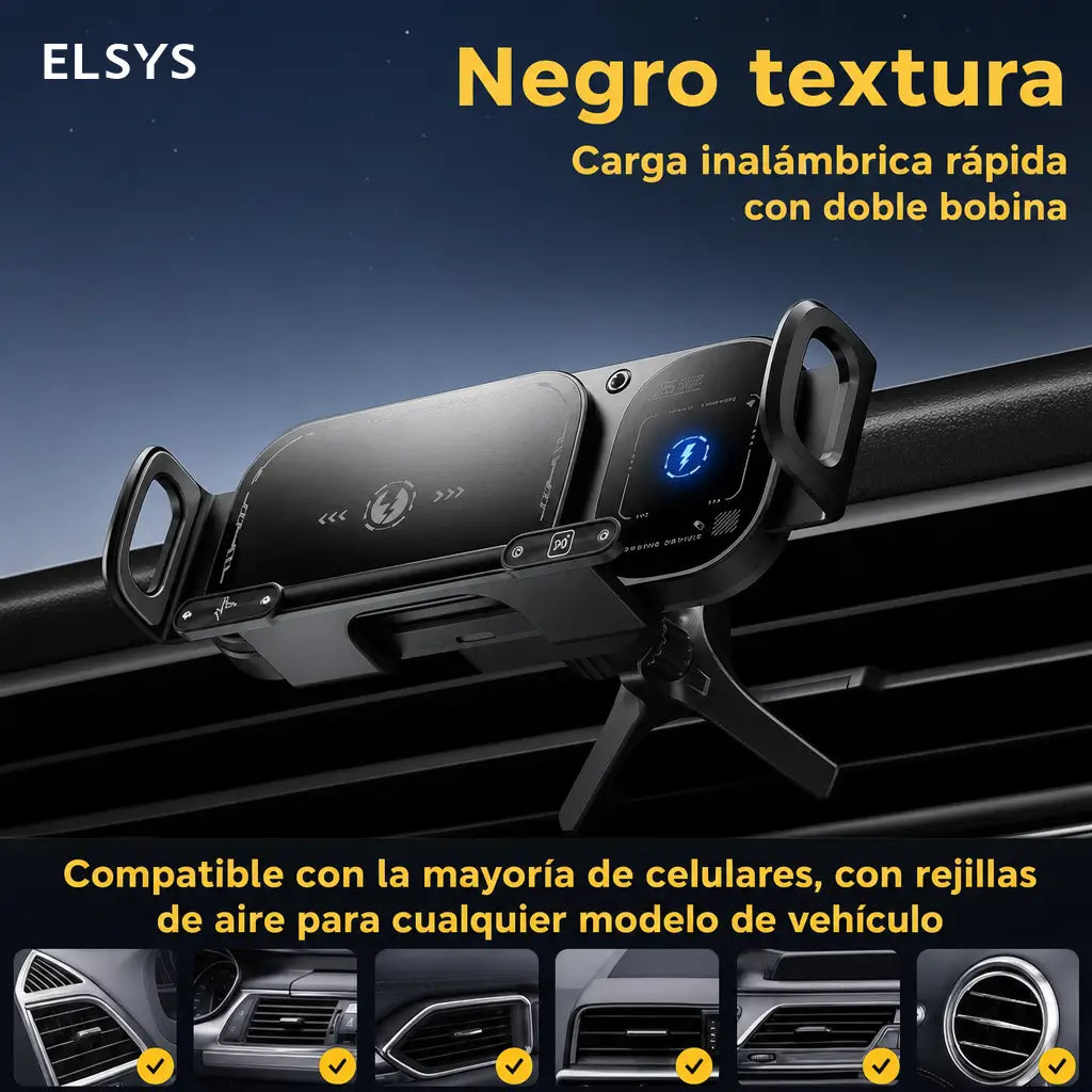 Soporte cargador inalámbrico 15W para auto con sujeción automática y rotación 90°, ideal para celulares plegables y grandes