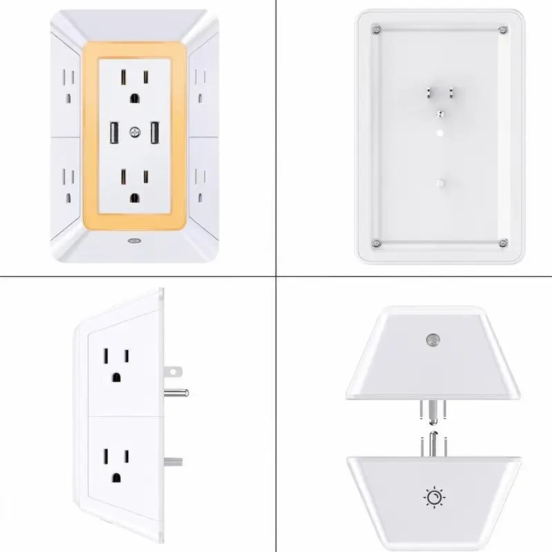 Supresor de Picos con Luz Nocturna, 3 Puertos USB y 6 Contactos de CA, Protector Eléctrico Multicontacto