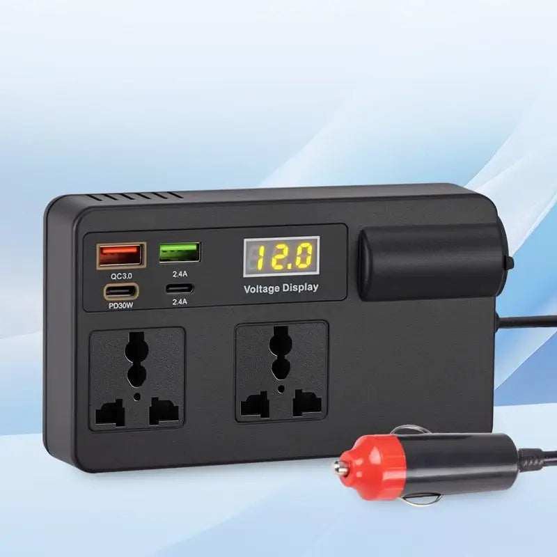 Inversor de Corriente para Auto y Camión 12V-24V a 220V con Chip Inteligente y Carga Rápida QC3.0 para Laptops, Tablets y Celulares, Incluye Puertos USB y Adaptador Carplay Inalámbrico