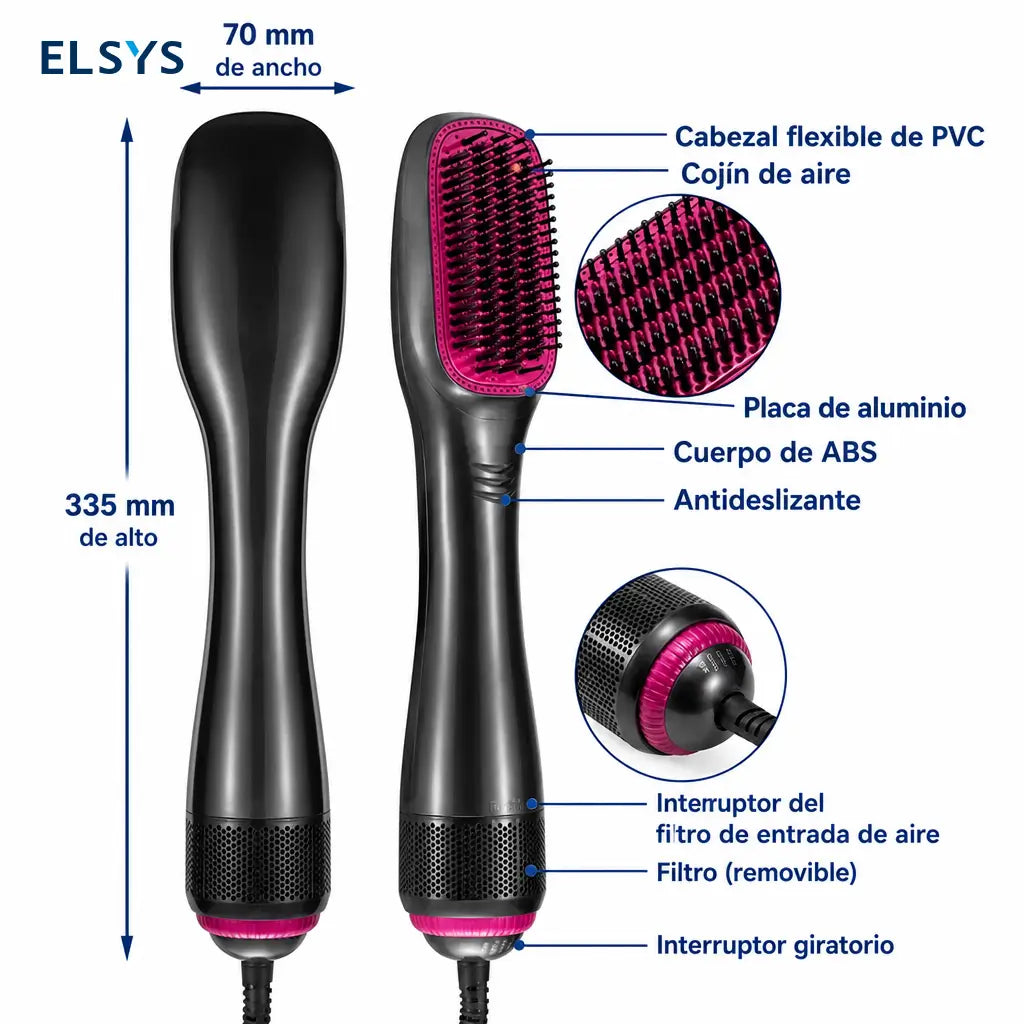 Cepillo secador y alisador 3 en 1 de 1200 W con ajustes de calor para cabello lacio y suave en casa sin complicarte