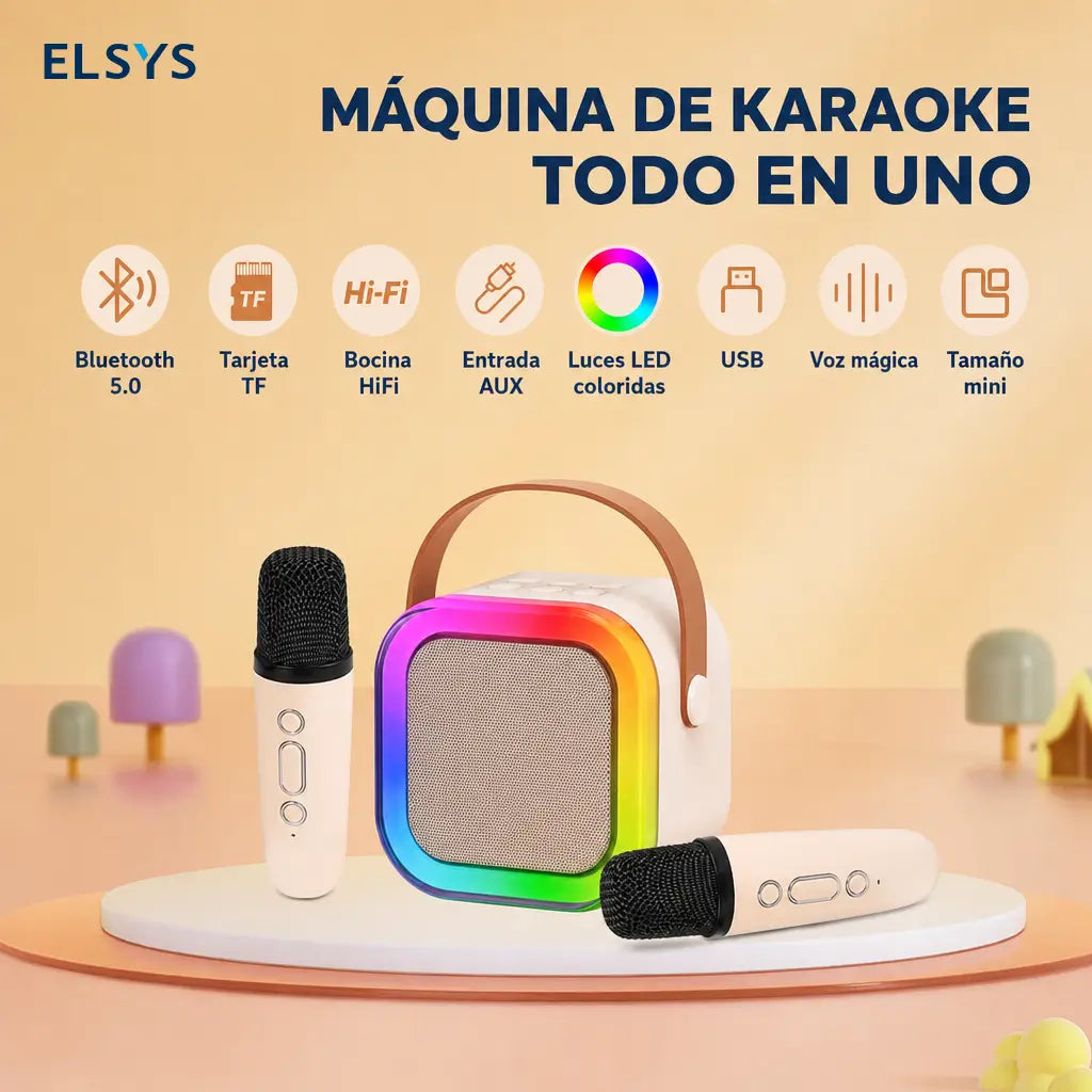 Bocina karaoke mini Bluetooth 5.3 con 2 micrófonos inalámbricos, luces RGB y sonido HiFi para fiestas en casa y reuniones al aire libre
