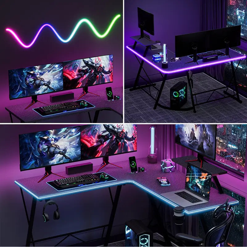 Escritorio Gamer en L con Luces LED, Escritorio de Esquina para Computadora con Portavasos y Gancho para Audífonos, Estación de Trabajo para Oficina en Casa con Soporte para Monitor Grande, Fácil de Armar (Negro, 130 cm)