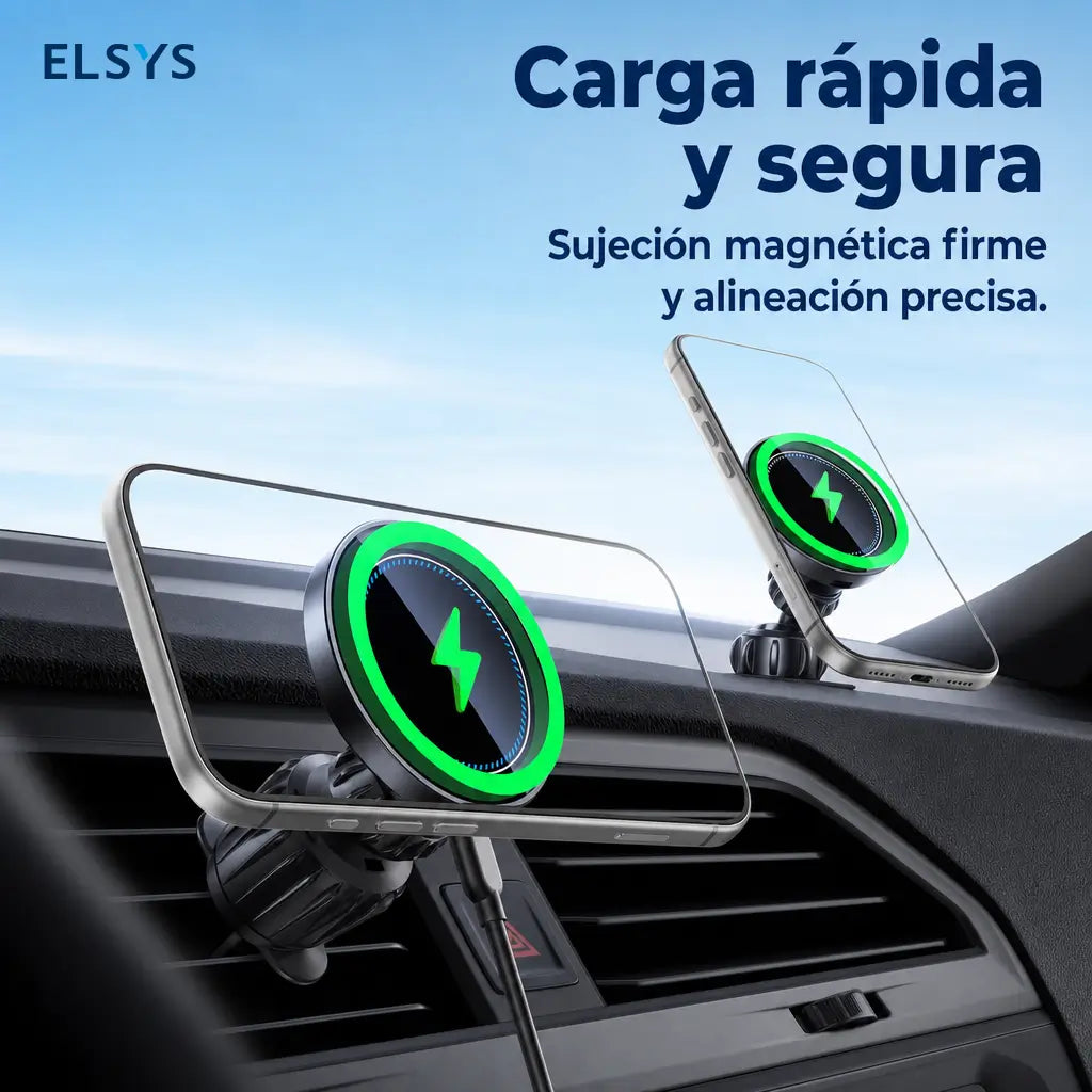 Cargador inalámbrico magnético 15W para auto con soporte ajustable 360° y montaje 3 en 1, ideal para iPhone en viajes diarios