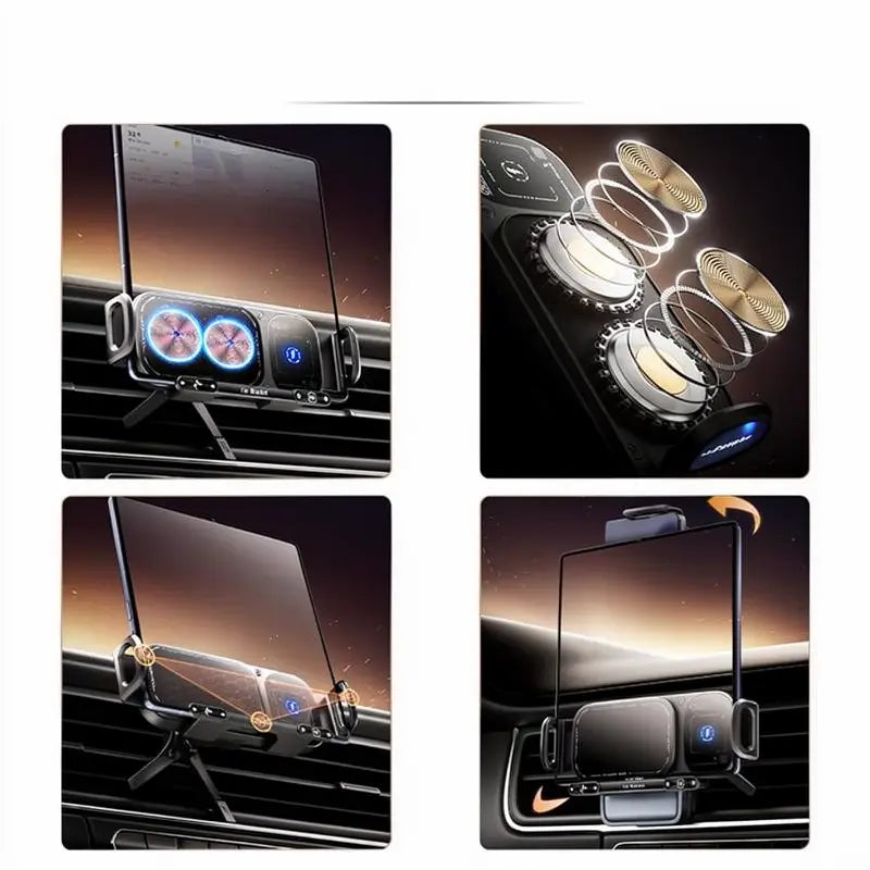 Soporte para Celular de Auto con Carga Rápida Inalámbrica de 15W para Teléfonos Plegables y Estándar, Base de Ventila Ultra Estable con Gancho y Clip, Rotación de 90° y Sujeción Automática con un Botón