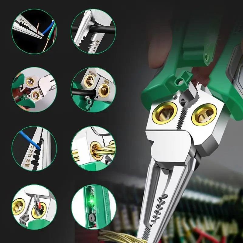 Pinzas Pelacables y Torcedor de Cables 8 en 1, Probador de Voltaje, Tijeras para Cable, Detección de Línea y Neutro 12V a 250V AC/DC, Alarma Sonora y LED