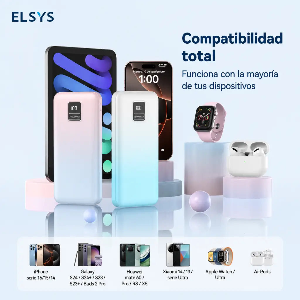 Paquete de 2 power banks 10000mAh con carga rápida 22.5W, 3 puertos y pantalla LED para celular, tablet y viajes diarios