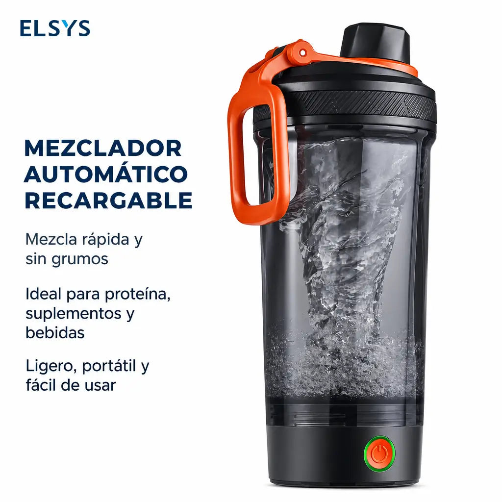 Shaker eléctrico para proteína con mezcla sin grumos, carga USB-C y tapa antifugas para gimnasio, oficina y batidos post entrenamiento