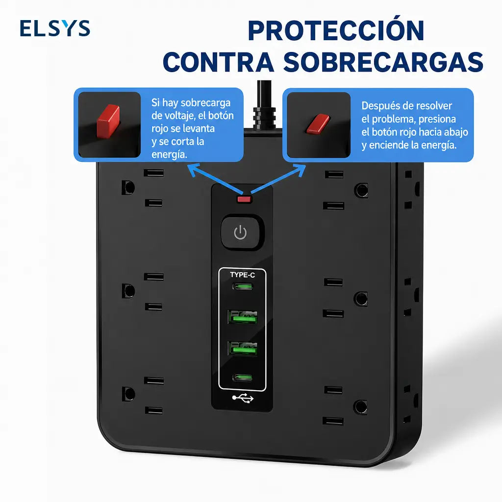 Multicontacto 16 en 1 con protección contra picos, 12 tomas AC y USB-C para carga organizada en casa, oficina o viaje diario