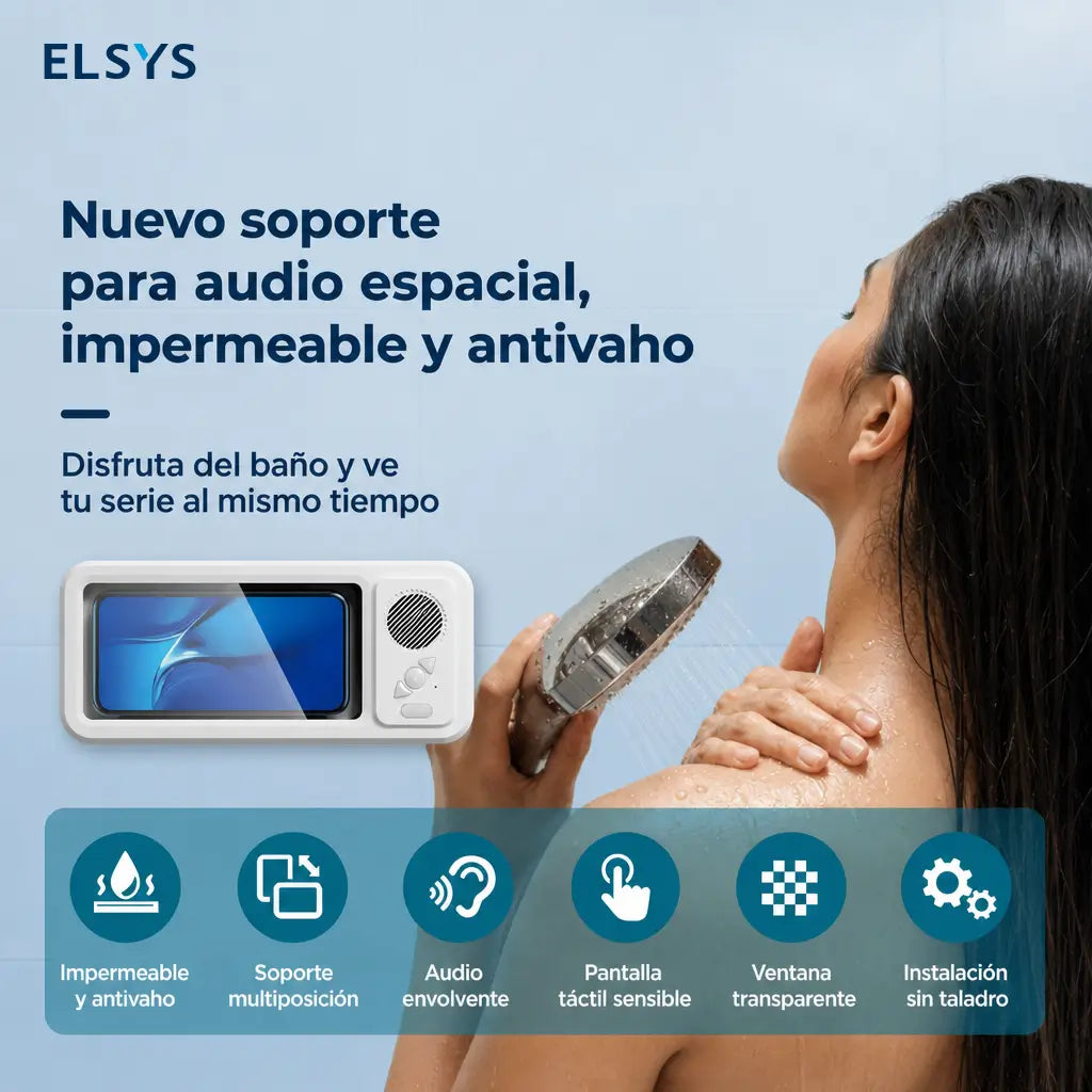 Soporte impermeable para celular con bocina Bluetooth y rotación 360° para ver videos en regadera o cocina sin usar las manos
