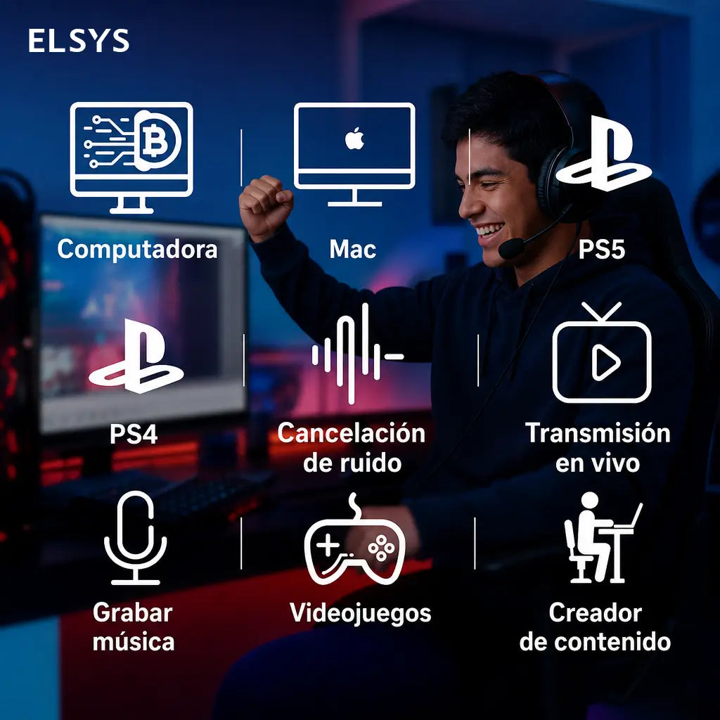 Micrófono dinámico USB U-120 con cancelación de ruido y luz RGB para streaming, gaming, podcasts y grabación en PC o consola
