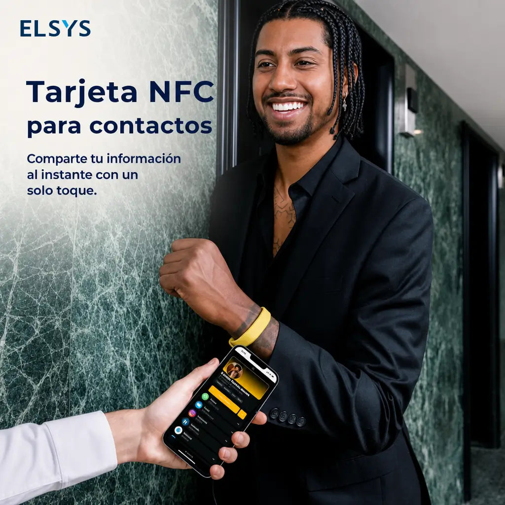 Pulsera de tarjeta digital NFC con código QR para compartir contactos en iPhone y Android sin app ni suscripción al instante