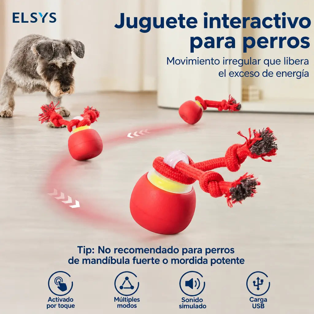 Pelota interactiva recargable para perro con cuerda mordible, sonido chillón y 3 modos para cachorros y razas pequeñas y medianas