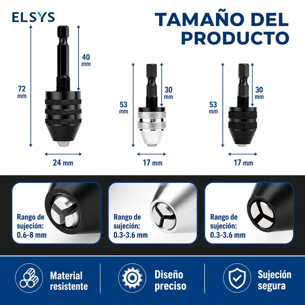Adaptador de mandril sin llave 1/4" hexagonal de cambio rápido, set de 2 para taladros de impacto y herramientas eléctricas compatibles