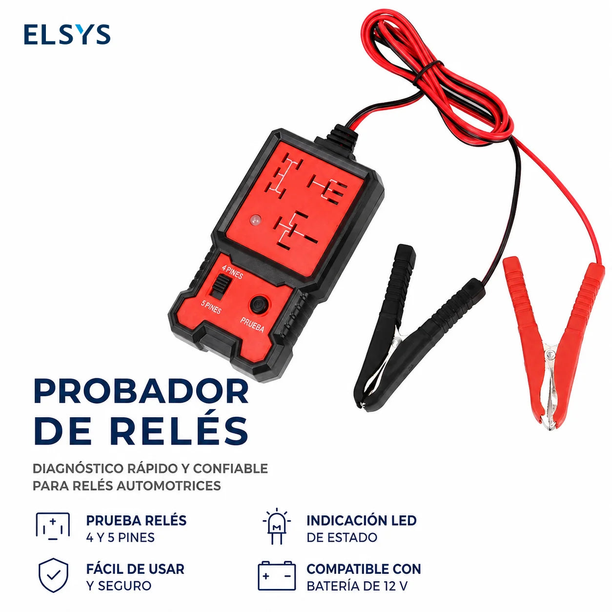 Probador de relevadores automotrices 12V/24V con LED y selector 4/5 pines para diagnóstico rápido en auto y taller