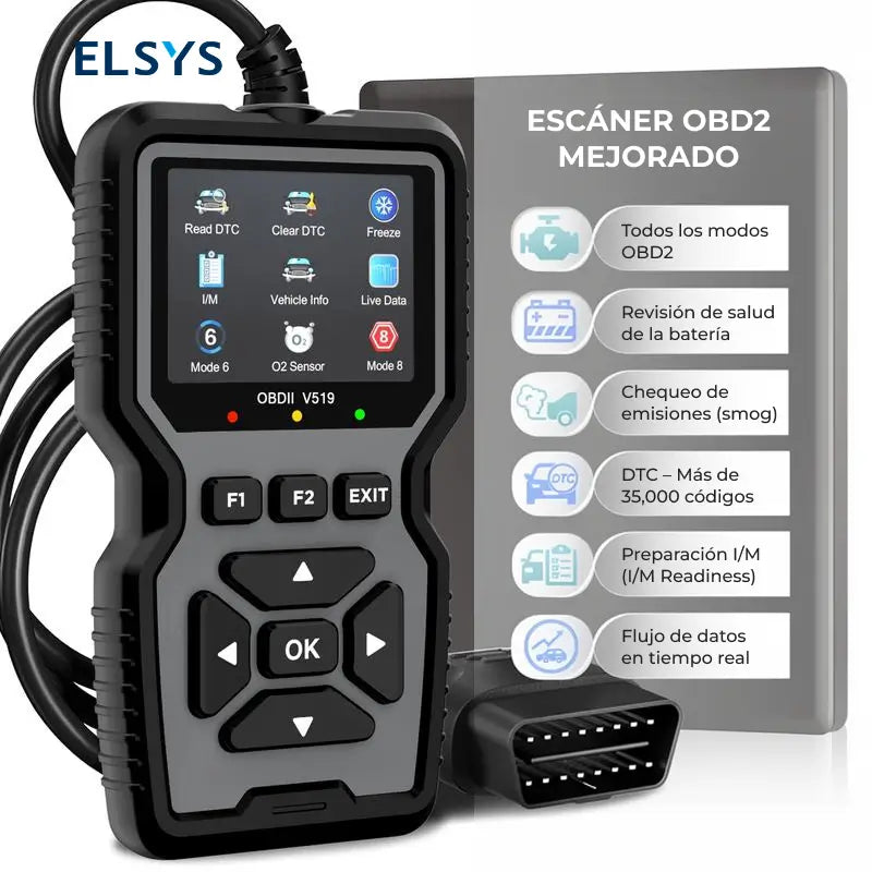 Escáner automotriz OBD2 V519 con pantalla LCD, datos en tiempo real y lectura de códigos para autos desde 1996, sin usar batería