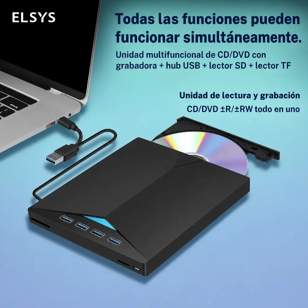 Unidad de DVD externa 7 en 1 con USB 3.0 y USB-C para laptop, PC y respaldo de discos en casa u oficina