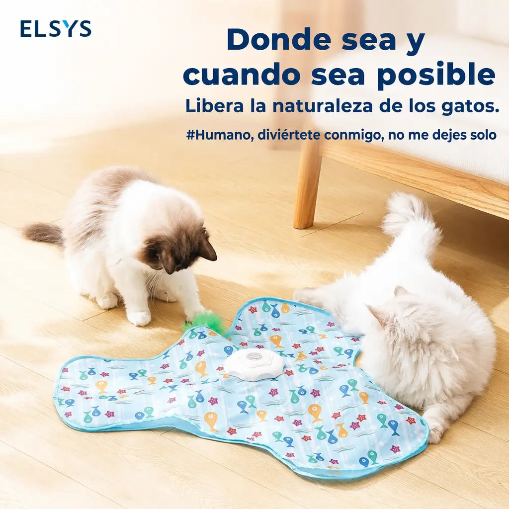 Tapete eléctrico interactivo para gatos con movimiento irregular 360°, batería recargable, 3 velocidades y varita teaser para juego de caza interior