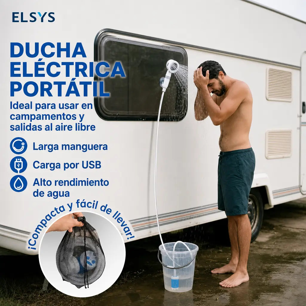 Ducha eléctrica recargable con bomba sumergible y bolsa de transporte para camping, senderismo, lavado de coche y limpieza de mascotas