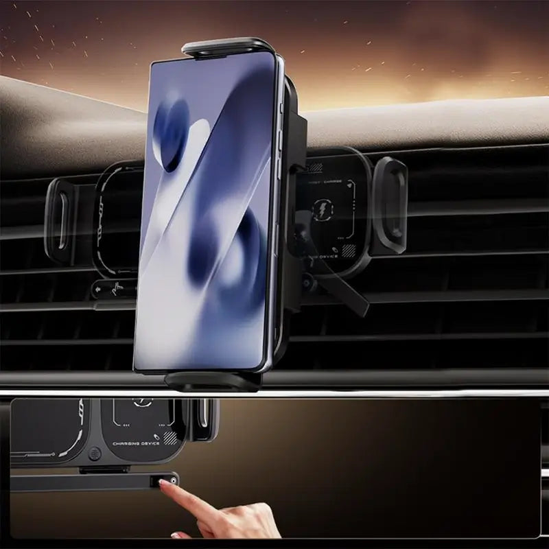 Soporte para Celular de Auto con Carga Rápida Inalámbrica de 15W para Teléfonos Plegables y Estándar, Base de Ventila Ultra Estable con Gancho y Clip, Rotación de 90° y Sujeción Automática con un Botón