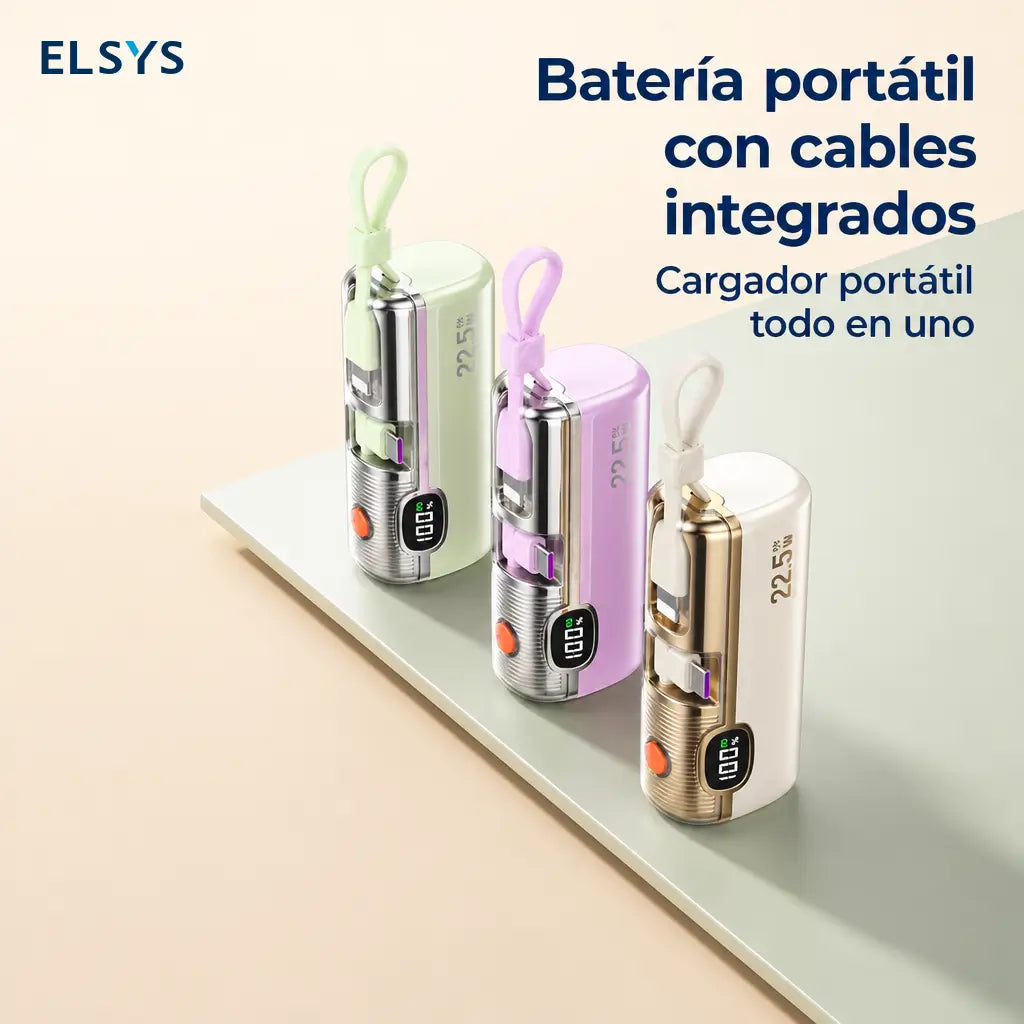 Power bank mini 5000mAh con carga rápida 22.5W, cable integrado y display digital para celular, viajes y emergencias sin cargar peso extra