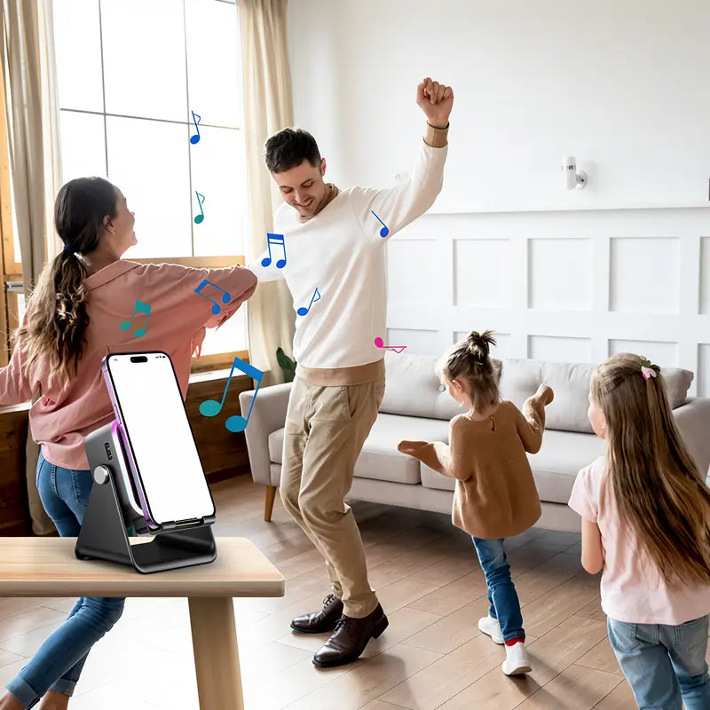 Soporte con Bocina de Inducción Inalámbrica 5 en 1, Base para Celular y Tablet, Power Bank de 3500mAh, Ajuste de 360° con Luz Ambiental LED de Colores