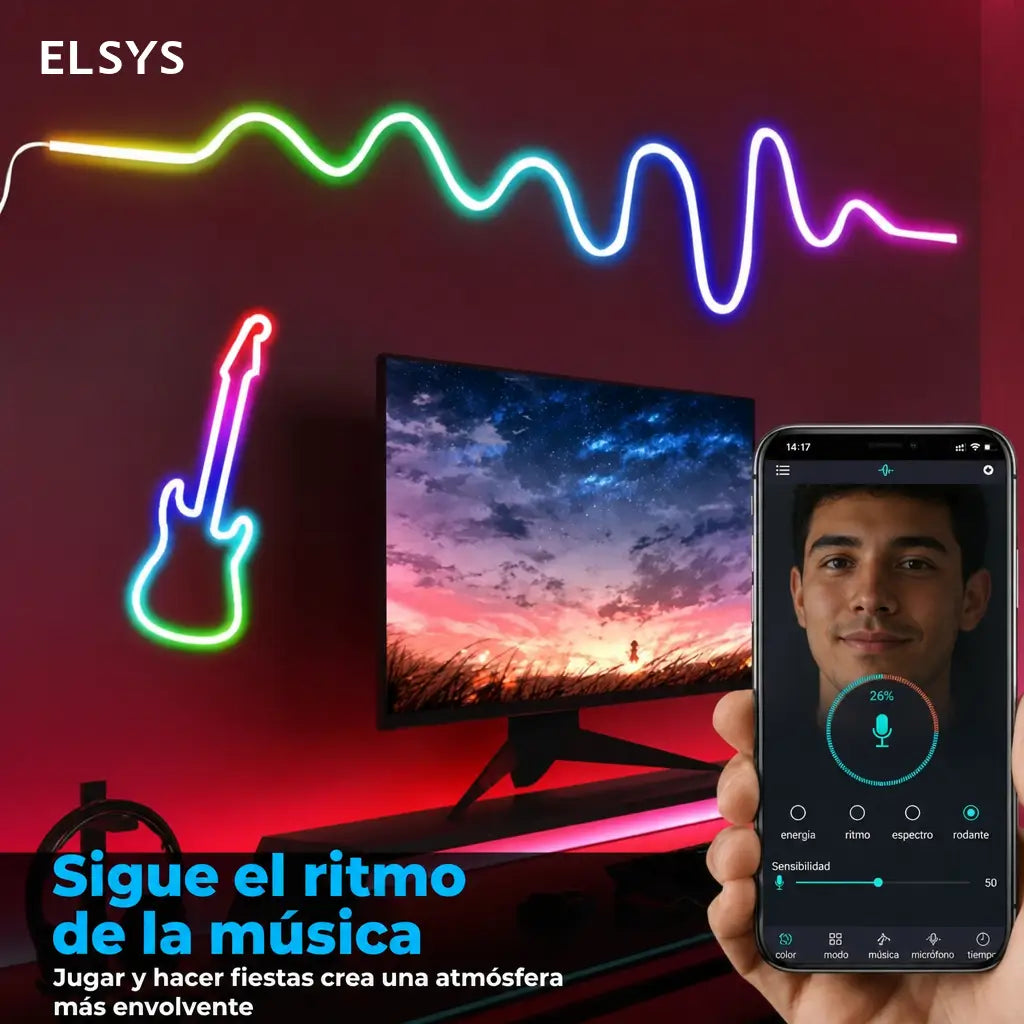 Tira LED neón RGB flexible con sincronización musical, IP67 y control por app para decoración en recámaras, setup gamer y exteriores