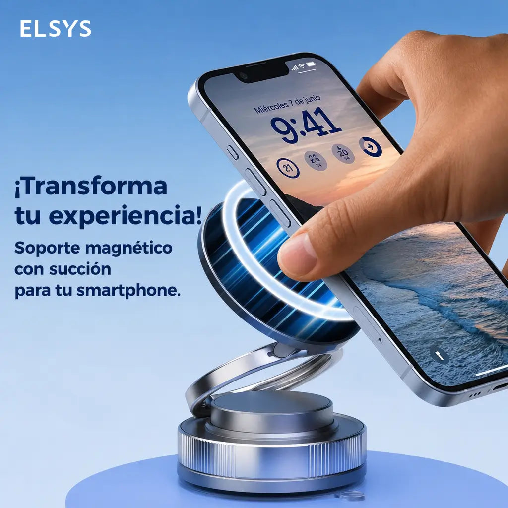 Soporte magnético para celular con ventosa al vacío, giro 360° y ajuste 180° para auto, espejo, gym y uso diario